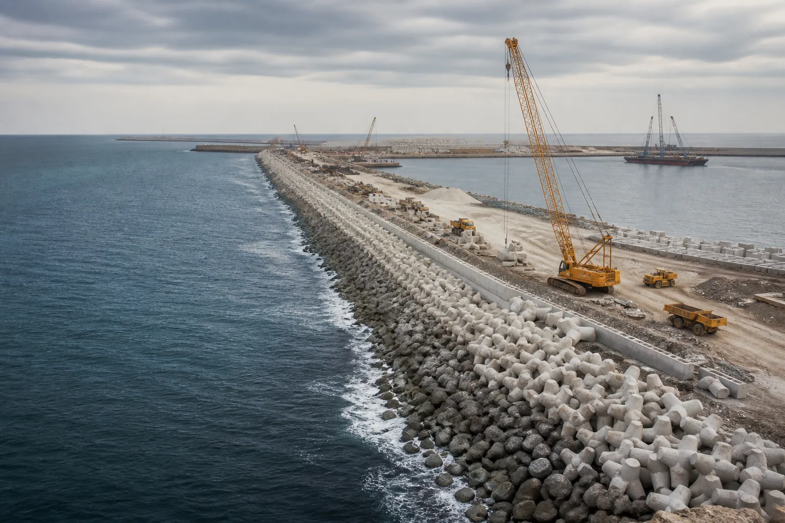 Infraestructura portuaria y rompeolas en construcción